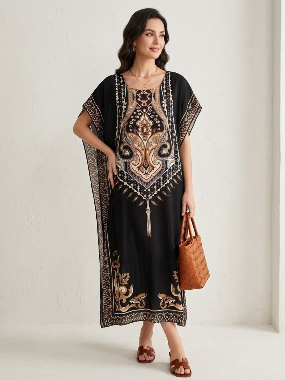 Black & Tan Embroidered Kaftan Swim Cover-Up